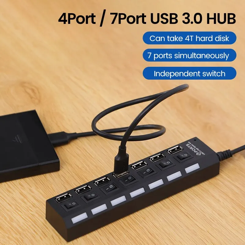 OLAF USB 2.0 Hub Multi USB Splitter Ports Hub Use Power Adapter4/ 7 Port Multiple Expander Hub with Switch 30CM Cable For Home