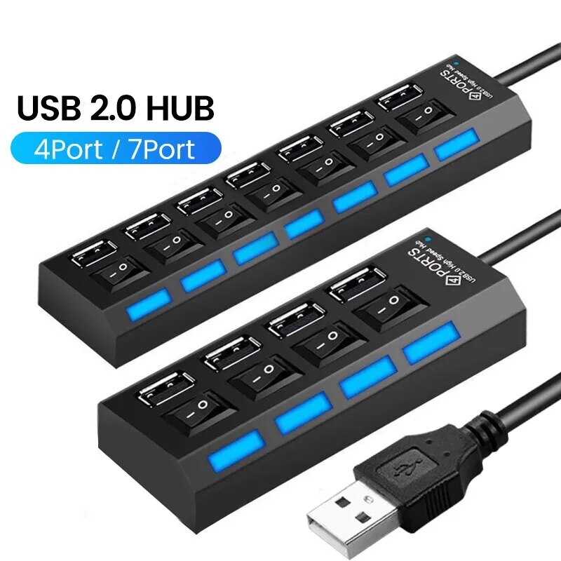 OLAF USB 2.0 Hub Multi USB Splitter Ports Hub Use Power Adapter4/ 7 Port Multiple Expander Hub with Switch 30CM Cable For Home